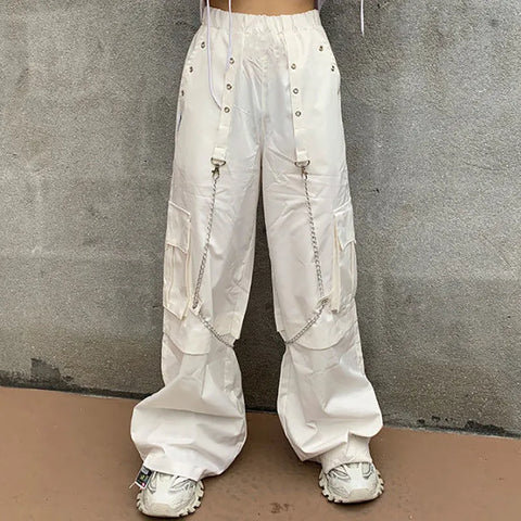 Sommer-Chic: Ketten-Cargohosen für Damen – Koreanischer Y2k-Stil, hohe Taille, weiße Hose