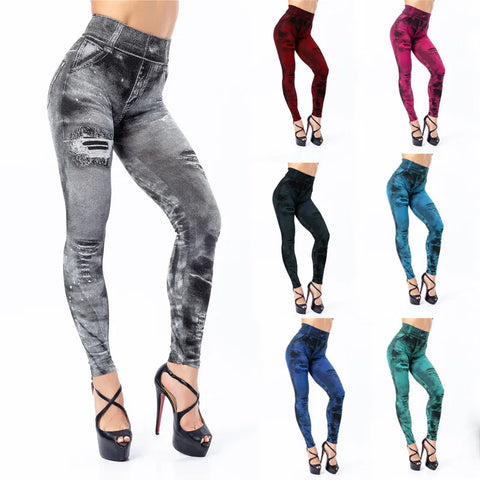 Astic Imitation Jeans Leggings Frauen Stretch Hohe Taille Hosen Fitness Schlank Push-Up-Leggings