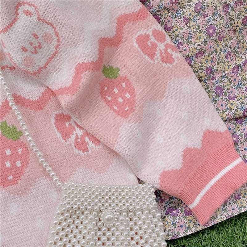 Sweet Lolita Strawberry Bear Pullovers Embrace Japanese Girly Chic for Autumn Winter