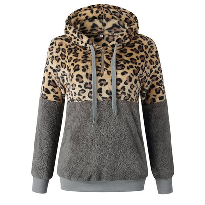 Women Hoodies Leopard Zipper Tops Long Sleeve