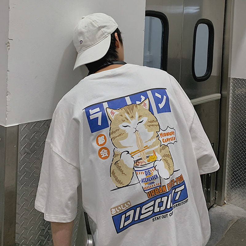 Männer T-shirt Casual Katze Cartoon Kurzarm Japanischen Stil