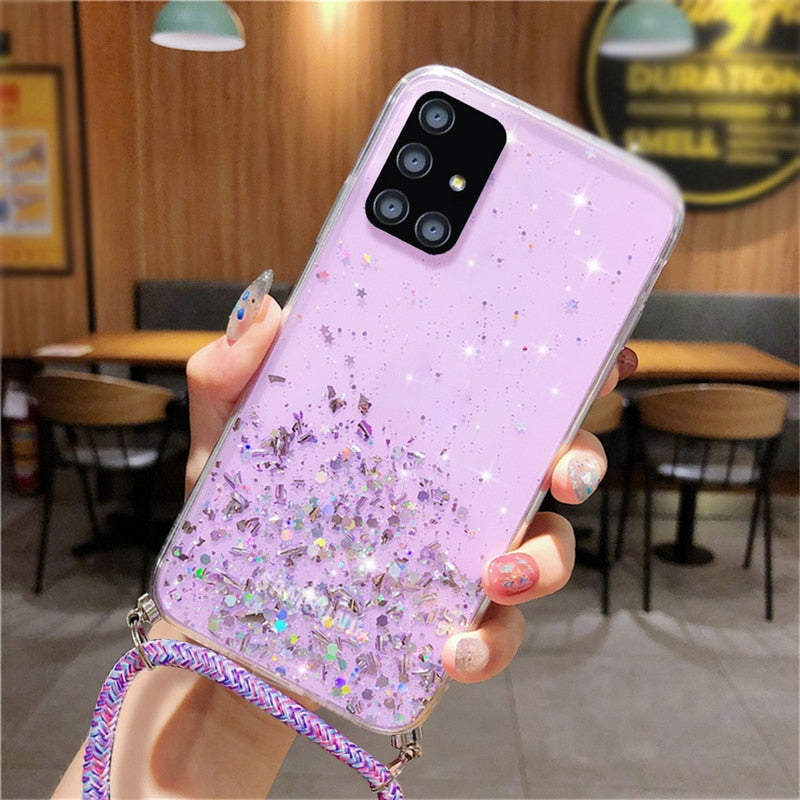 Neck Strap Clear Glitter Case For Samsung Galaxy