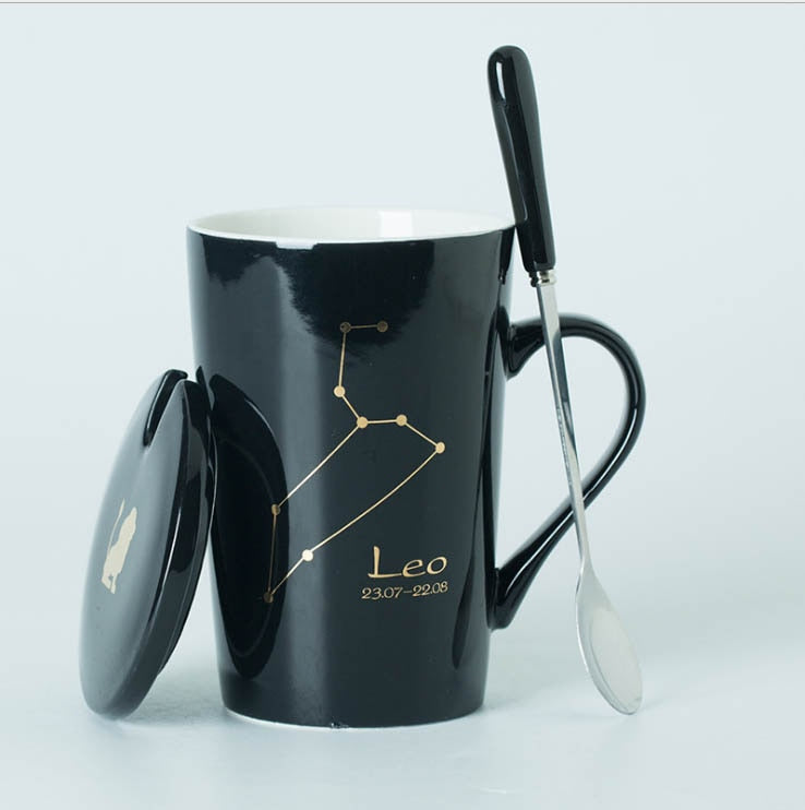 Ceramic Mugs Constellations Creative Glass with Spoon Lid Black and Gold Porcelain