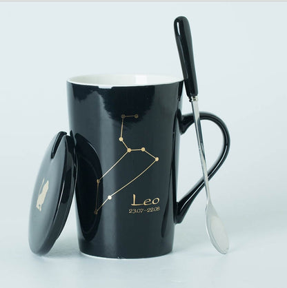 Ceramic Mugs Constellations Creative Glass with Spoon Lid Black and Gold Porcelain