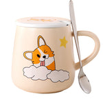 Cartoon Ceramics Corgi Mug With Lid and Spoon Coffee Milk Tea