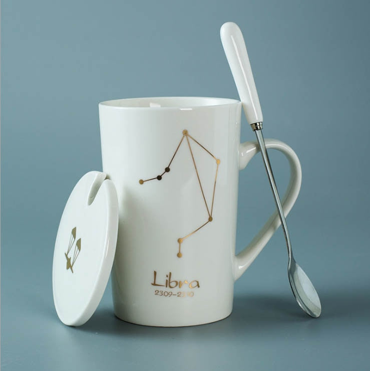 Ceramic Mugs Constellations Creative Glass with Spoon Lid Black and Gold Porcelain