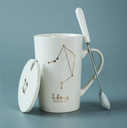 Ceramic Mugs Constellations Creative Glass with Spoon Lid Black and Gold Porcelain