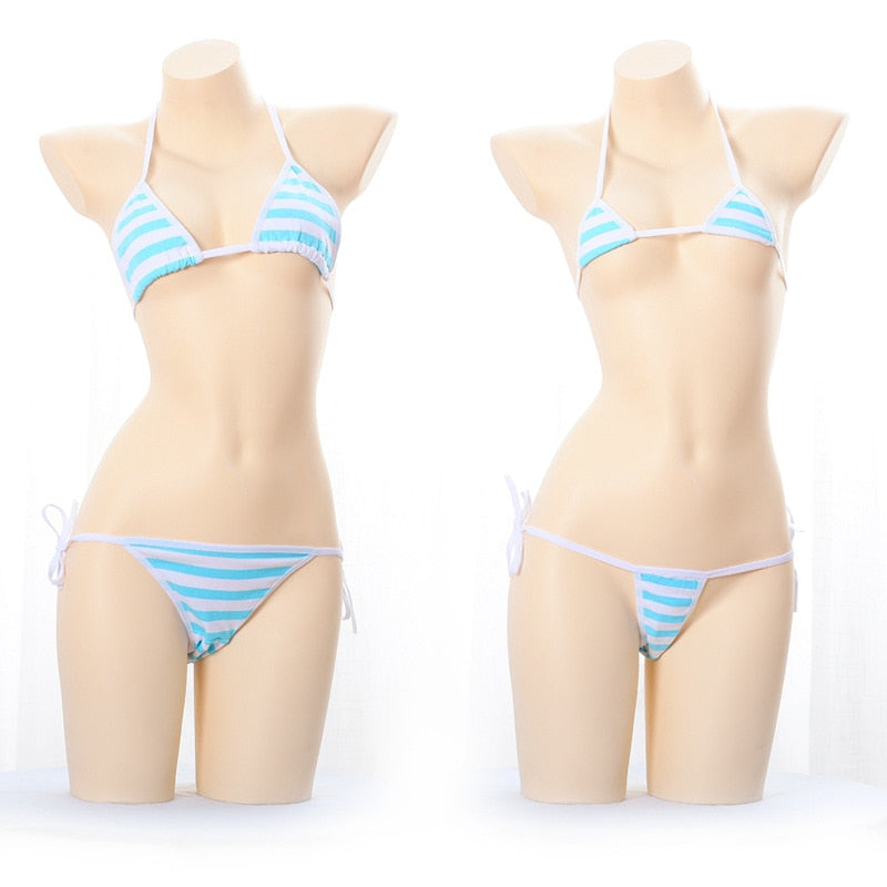 Sexy Lingerie Lolita Blue Pink White Striped Mini Bikini  Costumes Bra Women Underwear Set - xinnzy