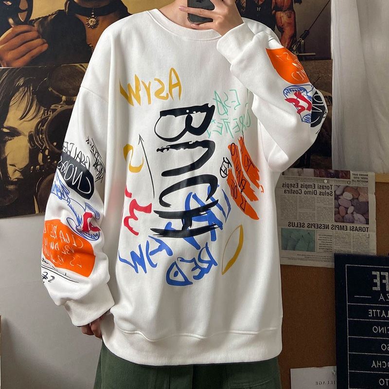 Men Sweatshirts Letter Graffiti Fashion Korean Pullovers