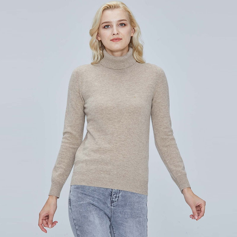 Turtleneck Sweater Pure Merino Wool Autumn Winter Warm Soft Knitted Pullover Female Jumper Tops - xinnzy