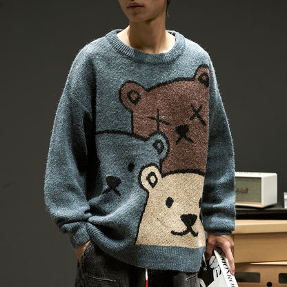 Herren Winter Cartoon Bär Pullover Gemütlicher Strickpullover mit langen Ärmeln