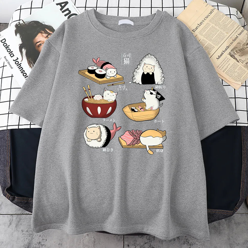Essen süße Katze Sushi Cartoon Stil Herren Harajuku Casual