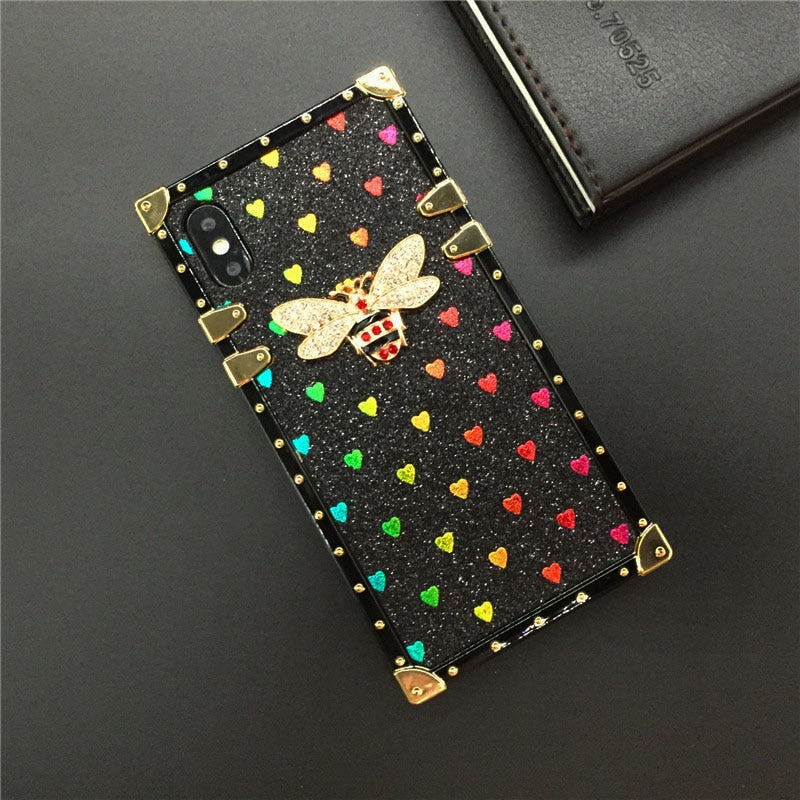 Luxury Square Case for iPhone  Fashion Heart Glitter Bee Cover Phone