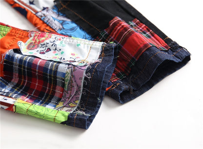 Jeans, gerade, Denim, für Herren, Patchwork, gerissen, bestickt, Stretch, trendy