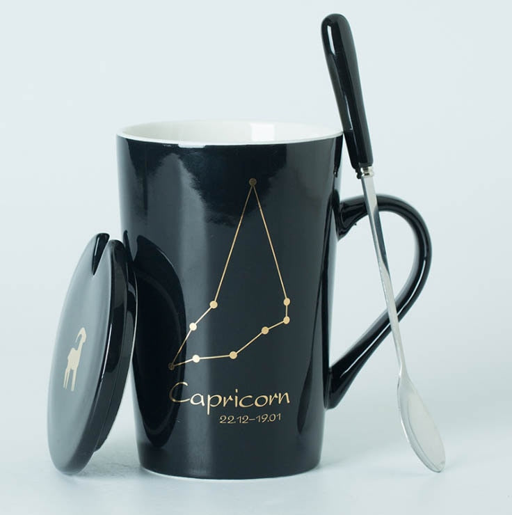 Ceramic Mugs Constellations Creative Glass with Spoon Lid Black and Gold Porcelain