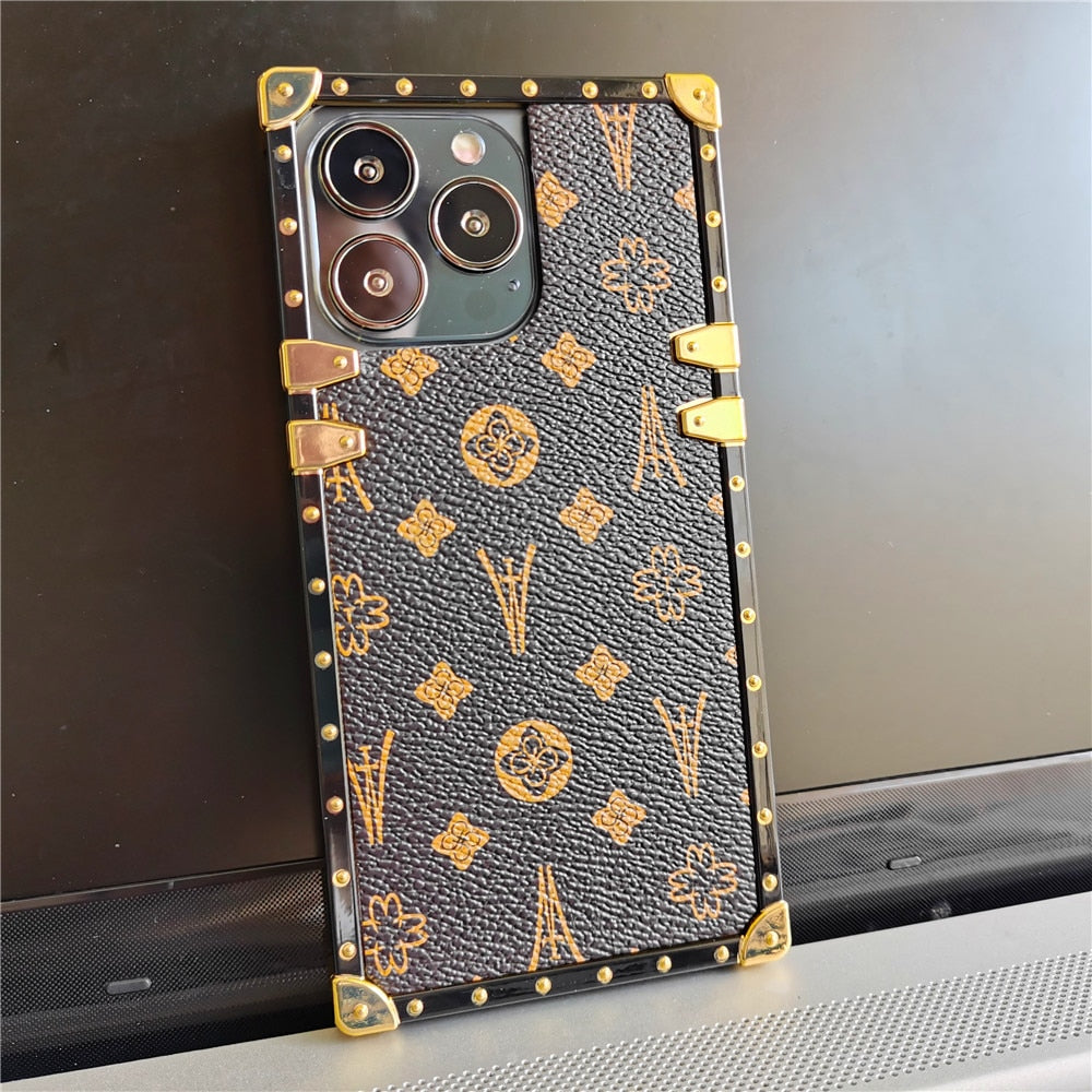 Square Soft Leather Flower Pattern Case For iPhone Luxury Glitter Phone