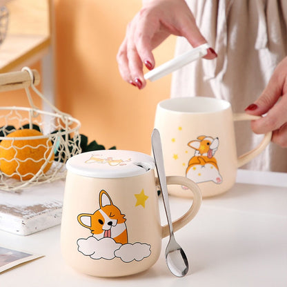 Cartoon Ceramics Corgi Mug With Lid and Spoon Coffee Milk Tea