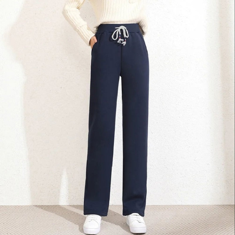 Women Pants  High  Straight  Loose Autumn Winter New Korean Fashion Plus Velvet Thickened - xinnzy