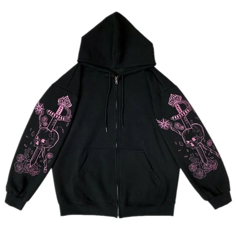 Harajuku Zip Hoodie: Punk Goth Bedrucktes Sweatshirt für Damen – Herbst Streetwear