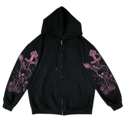 Harajuku Zip Hoodie: Punk Goth Bedrucktes Sweatshirt für Damen – Herbst Streetwear