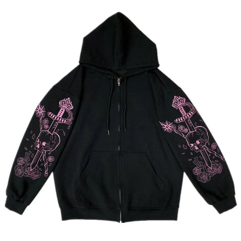 Harajuku Zip Hoodie: Punk Goth Printed Sweatshirt for Women - Autumn Streetwear