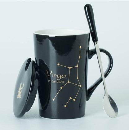 Ceramic Mugs Constellations Creative Glass with Spoon Lid Black and Gold Porcelain