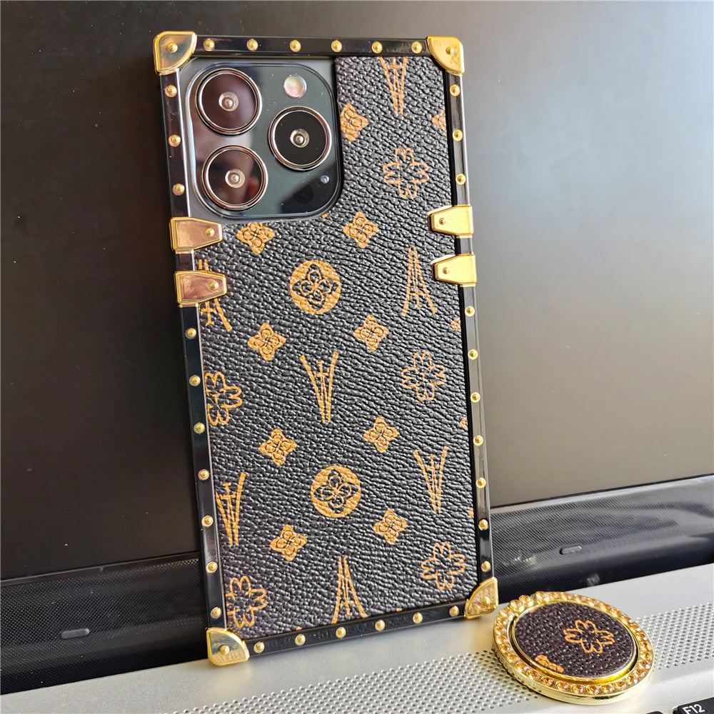 Square Soft Leather Flower Pattern Case For iPhone Luxury Glitter Phone