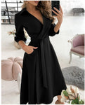 Lace Up Midi Dress Sleeve A-line Patchwork Dresses For Women Summer Lady V-neck Tunic - xinnzy