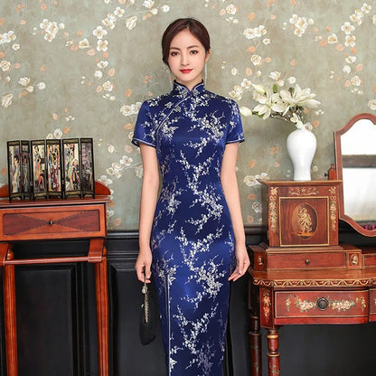 Elegant New Brocade Satin Long Fork Cheongsam Chinese Classic Qipao Short Sleeve Sexy