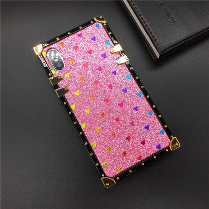 Luxury Square Case for iPhone  Fashion Heart Glitter Bee Cover Phone