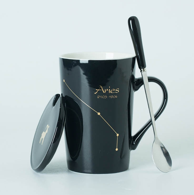 Ceramic Mugs Constellations Creative Glass with Spoon Lid Black and Gold Porcelain