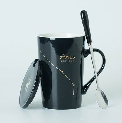 Ceramic Mugs Constellations Creative Glass with Spoon Lid Black and Gold Porcelain