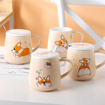 Cartoon Ceramics Corgi Mug With Lid and Spoon Coffee Milk Tea