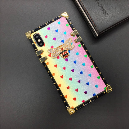 Luxury Square Case for iPhone  Fashion Heart Glitter Bee Cover Phone