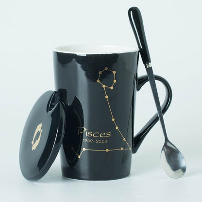Ceramic Mugs Constellations Creative Glass with Spoon Lid Black and Gold Porcelain