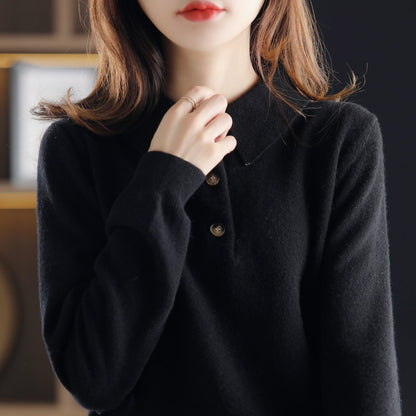 Cashmere Sweater  Knitted Pullover Fall Winter Lapel Base Shirt Pure Wool  Women Loose Top - xinnzy