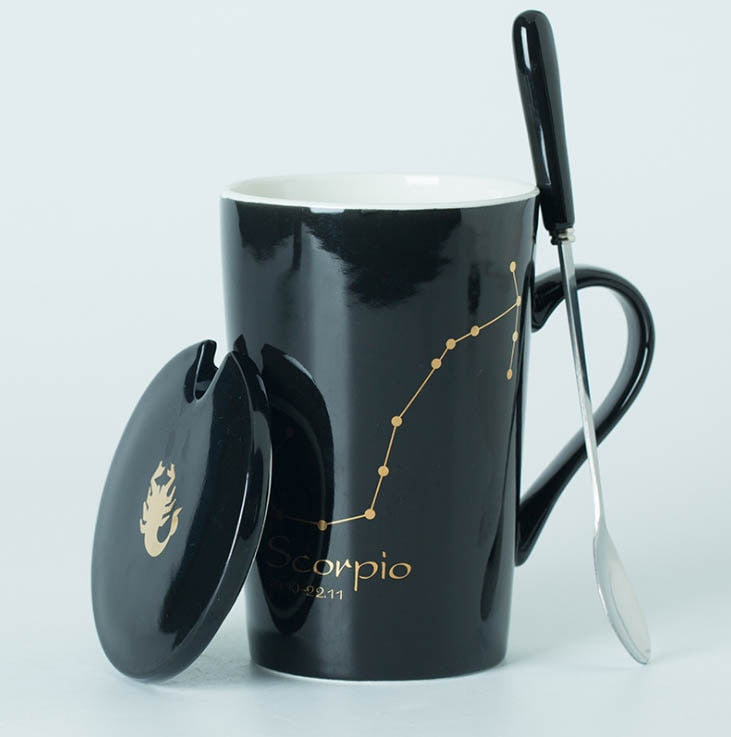 Ceramic Mugs Constellations Creative Glass with Spoon Lid Black and Gold Porcelain