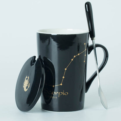 Ceramic Mugs Constellations Creative Glass with Spoon Lid Black and Gold Porcelain