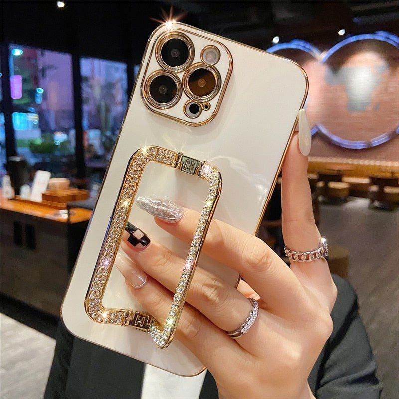 Korea Crystal Square Holder Gold Plating Phone Case For iphone