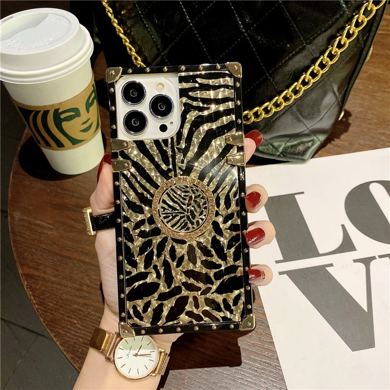 Leopard feather diamond ring stand metal  case for iphone