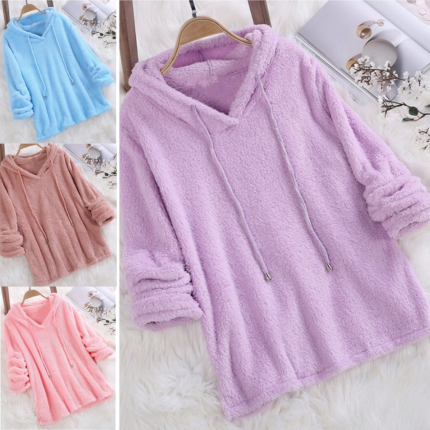 Women Hoodies Long Sleeve Plush Fluffy Pullover