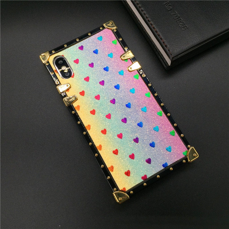 Luxury Square Case for iPhone  Fashion Heart Glitter Bee Cover Phone