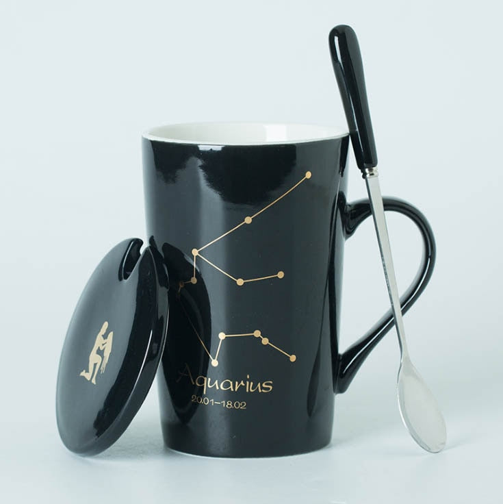 Ceramic Mugs Constellations Creative Glass with Spoon Lid Black and Gold Porcelain