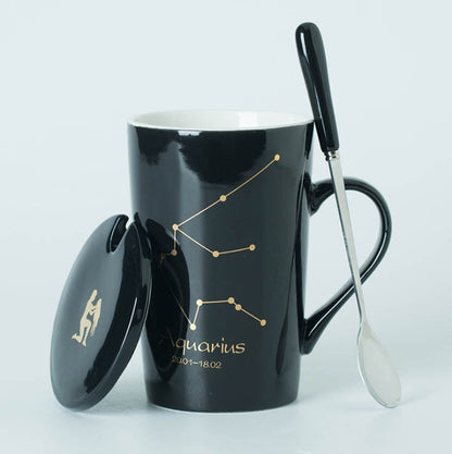 Ceramic Mugs Constellations Creative Glass with Spoon Lid Black and Gold Porcelain