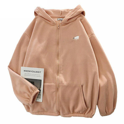 Women Hoodie Korean Fashion  Printing Loose Plush Zipper