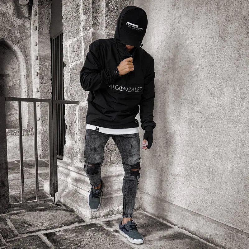 Distressed Stretch Ripped Biker Jeans Men Hip Hop Slim Fit