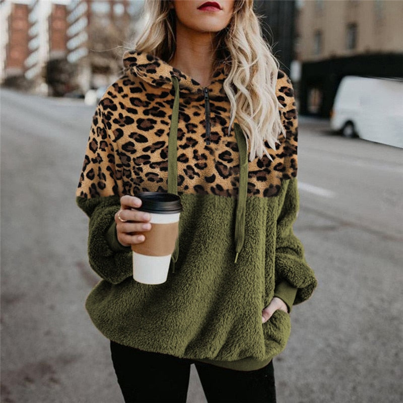 Women Hoodies Leopard Zipper Tops Long Sleeve