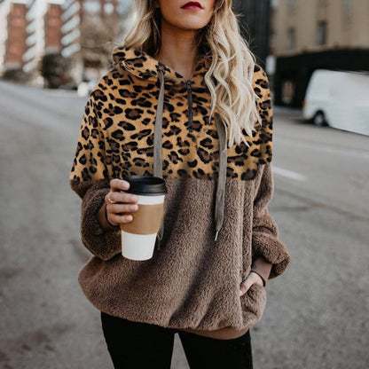 Women Hoodies Leopard Zipper Tops Long Sleeve