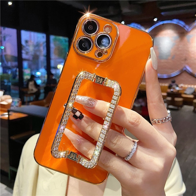 Korea Crystal Square Holder Gold Plating Phone Case For iphone