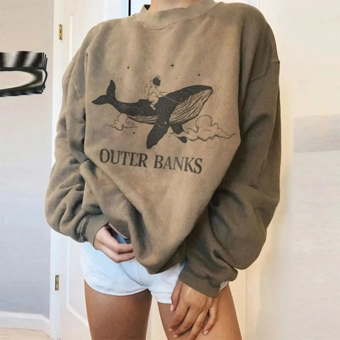 Retro Oversized Whale Printed Hoodie For Women Sweatshirt Casual Pullover